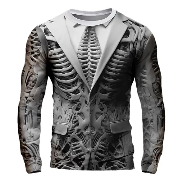 Men's Vintage Skull Skeleton Halloween Long Sleeve Casual Crew Neck T-shirt - Wayrates.com 