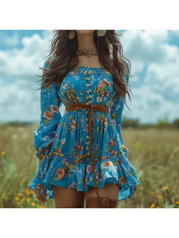 Retro Women's Long-sleeved Printed Dress Country Style Floral Short Dress - Realyiyishop.com 