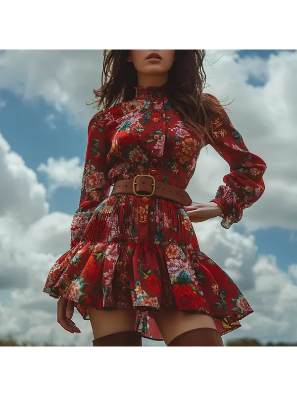 Retro Women's Long-sleeved Printed Dress Country Style Floral Short Dress - Viewbena.com 