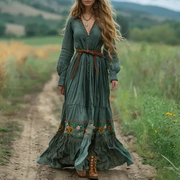 Bohemian Pastoral Style Retro Women's Long-sleeved Dress - Menzfolk.com 