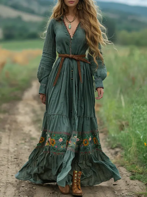 Bohemian Pastoral Style Retro Women's Long-sleeved Dress - Menwyx.com 