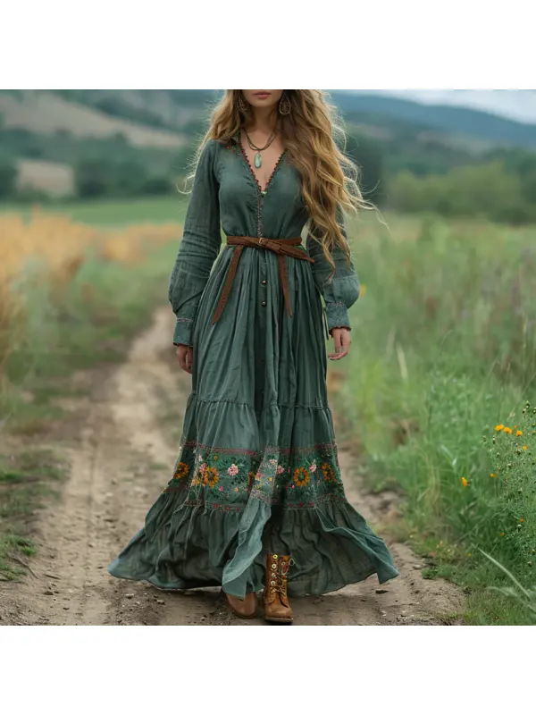 Bohemian Pastoral Style Retro Women's Long-sleeved Dress - Cominbuy.com 