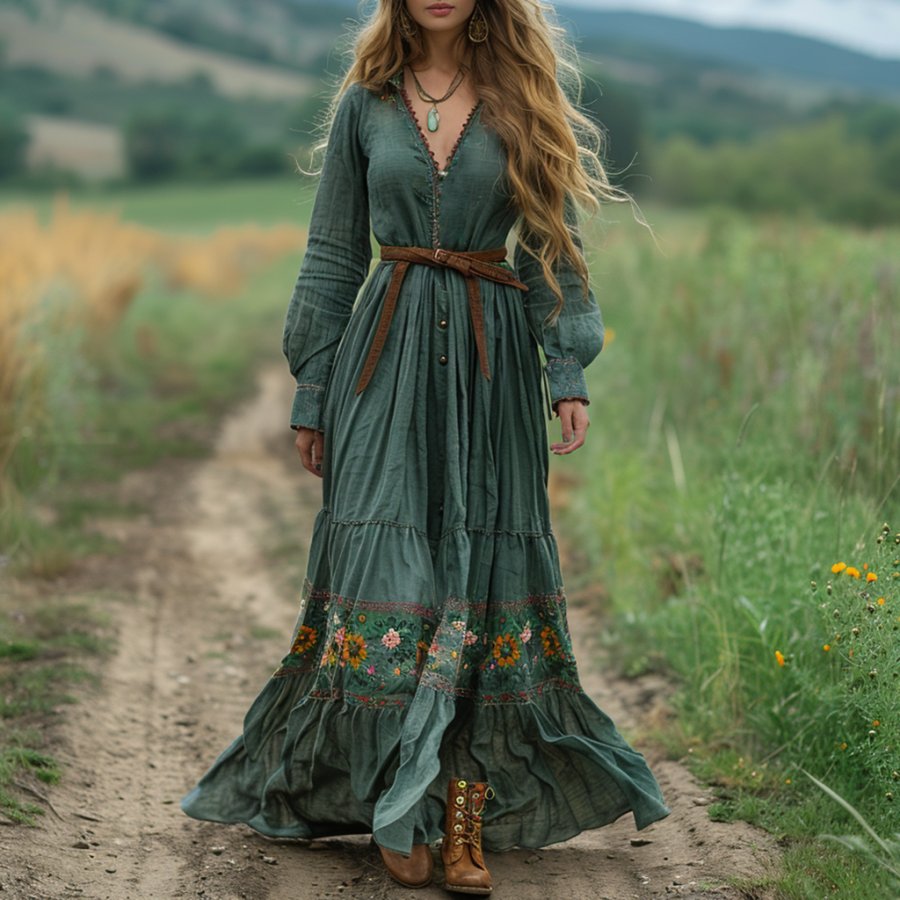 

Bohemian Pastoral Style Retro Women's Long-sleeved Dress