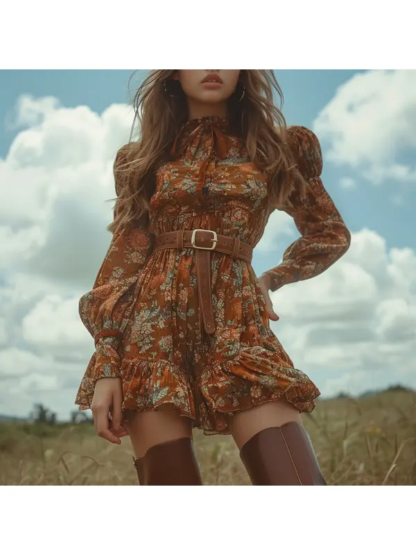 Retro Women's Long-sleeved Printed Dress Country Style Floral Short Dress - Cominbuy.com 