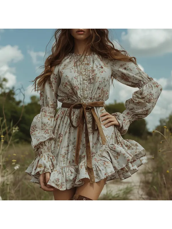 Retro Women's Long-sleeved Printed Dress Country Style Floral Short Dress - Cominbuy.com 