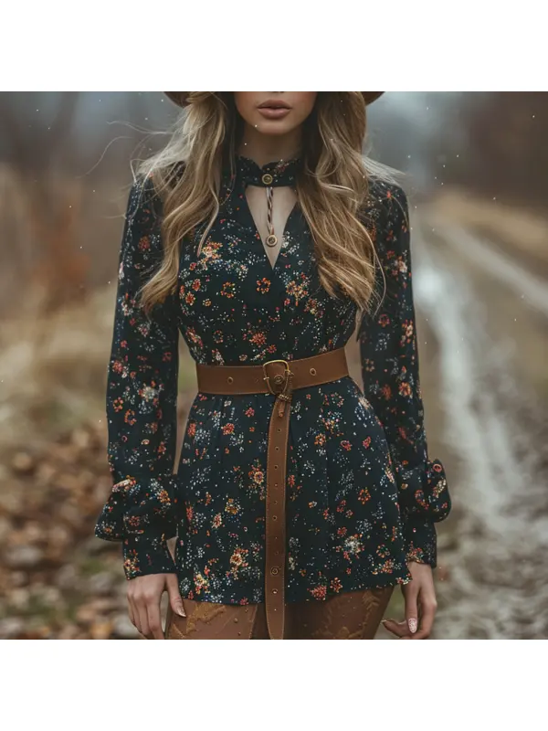 Autumn And Winter Retro V-neck Women's Floral Long-sleeved Dress Bohemian Pastoral Style Dress - Cominbuy.com 