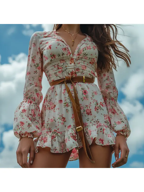 Retro Women's Long-sleeved Printed Dress Country Style Floral Short Dress - Cominbuy.com 