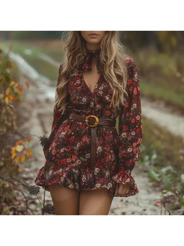 Autumn And Winter Retro V-neck Women's Floral Long-sleeved Dress Bohemian Pastoral Style Dress - Viewbena.com 