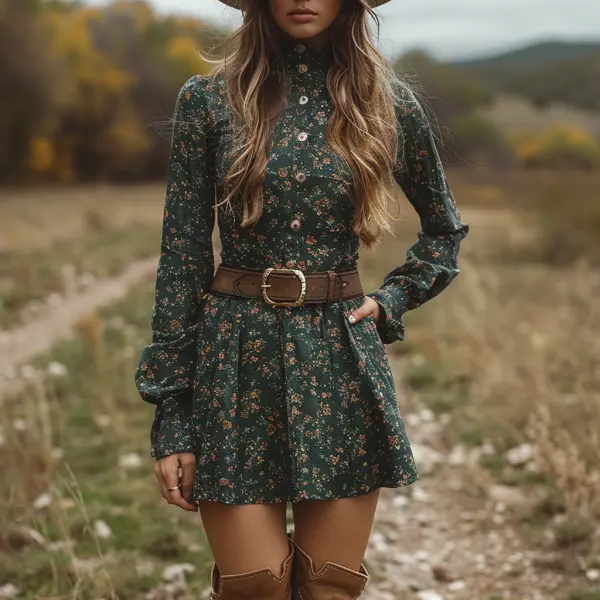 Autumn And Winter Retro V-neck Women's Floral Long-sleeved Dress Bohemian Pastoral Style Dress - Manlyhost.com 