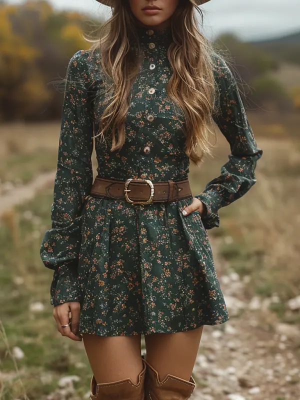 Autumn And Winter Retro V-neck Women's Floral Long-sleeved Dress Bohemian Pastoral Style Dress - Menwyx.com 