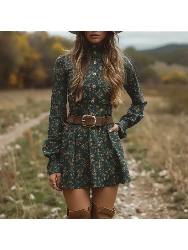 Autumn And Winter Retro V-neck Women's Floral Long-sleeved Dress Bohemian Pastoral Style Dress - Cominbuy.com 