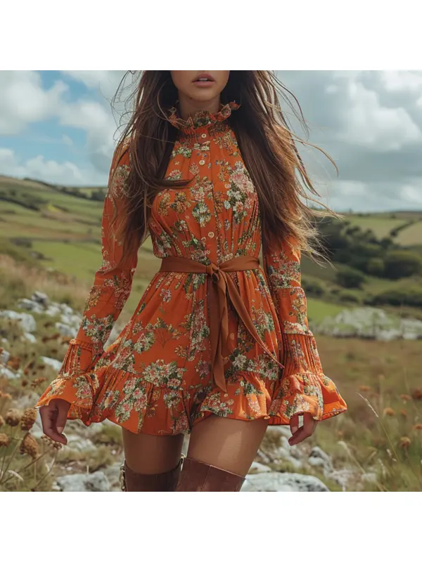 Retro Women's Long-sleeved Printed Dress Country Style Floral Short Dress - Realyiyi.com 