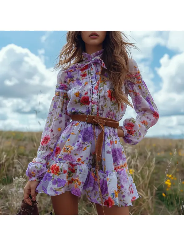 Retro Women's Long-sleeved Printed Dress Country Style Floral Short Dress - Cominbuy.com 