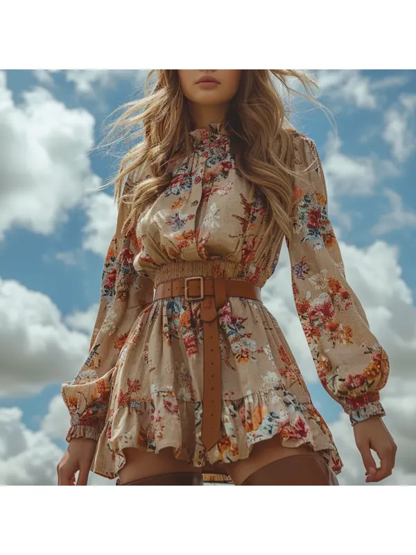 Retro Women's Long-sleeved Printed Dress Country Style Floral Short Dress - Viewbena.com 