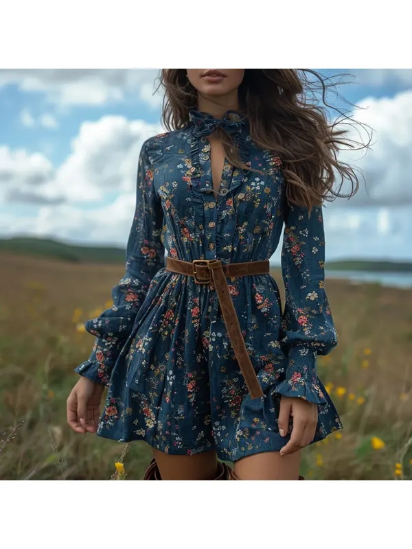 Retro Women's Long-sleeved Printed Dress Country Style Floral Short Dress - Realyiyishop.com 