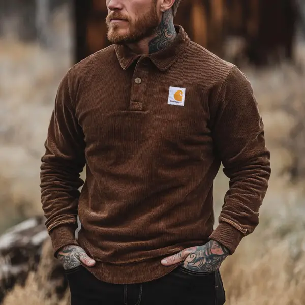 Men's Vintage Corduroy Polo Collar Long Sleeve Sweatshirt - Albionstyle.com 