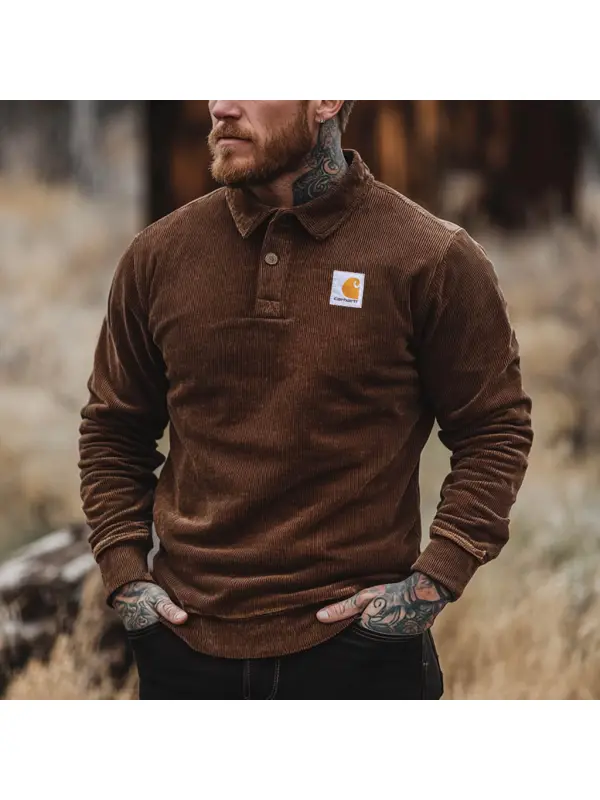 Men's Vintage Corduroy Polo Collar Long Sleeve Sweatshirt - Anrider.com 