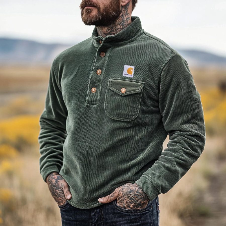 

'Carhartt' Men's Vintage Corduroy Pocket Button Stand Collar Long Sleeve Sweatshirt
