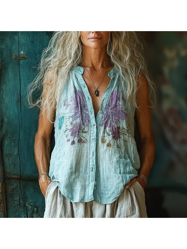 Women's Linen Flower Print Sleeveless Shirt - Tulipace.com 
