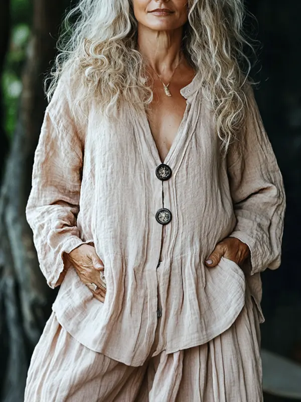 Women's Linen V-neck Casual Long-sleeved Shirt - Sunshinenice.com 
