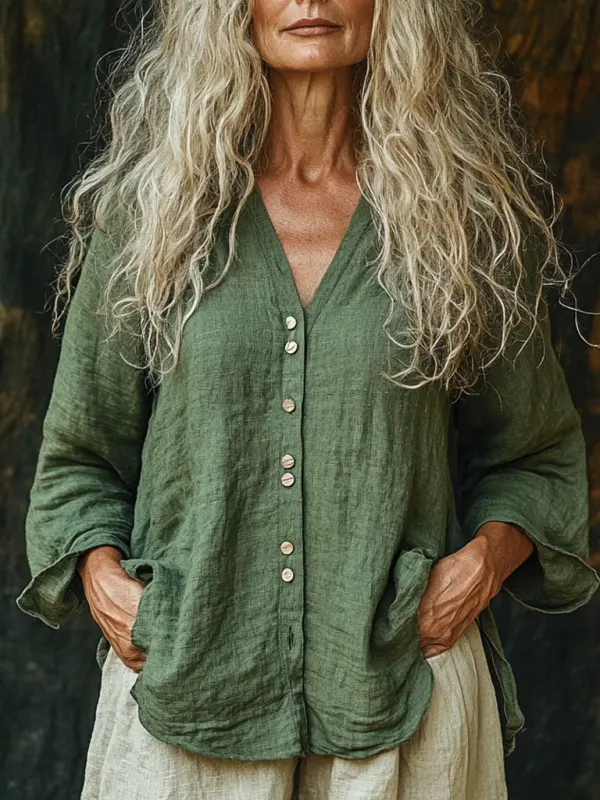 Women's Linen Ethnic Plain-sleeve Shirt - Pragmaace.com 