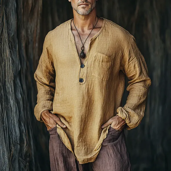 Men's V-neck Solid Simple Linen Shirt - Yiyistories.com 