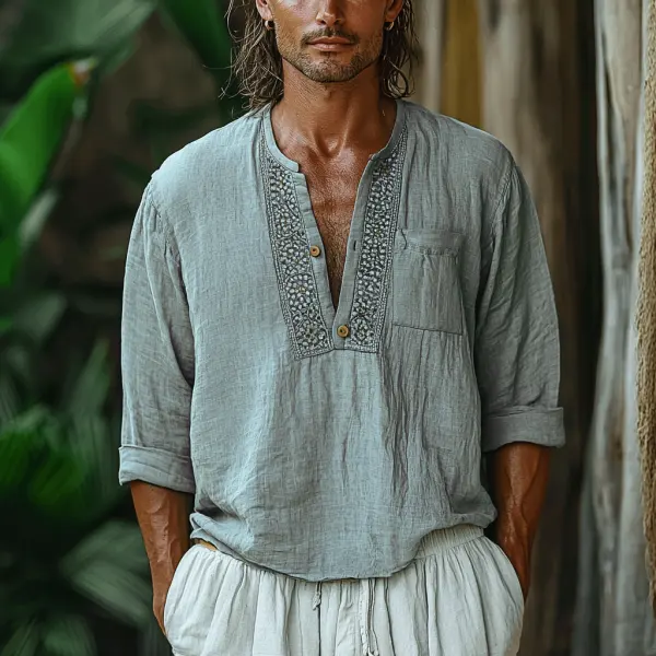 Men's V-neck Long-sleeved Linen Shirt - Trisunshine.com 