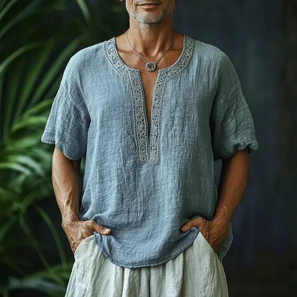 Men's V-neck Ethnic Style Linen Shirt - Yiyistories.com 