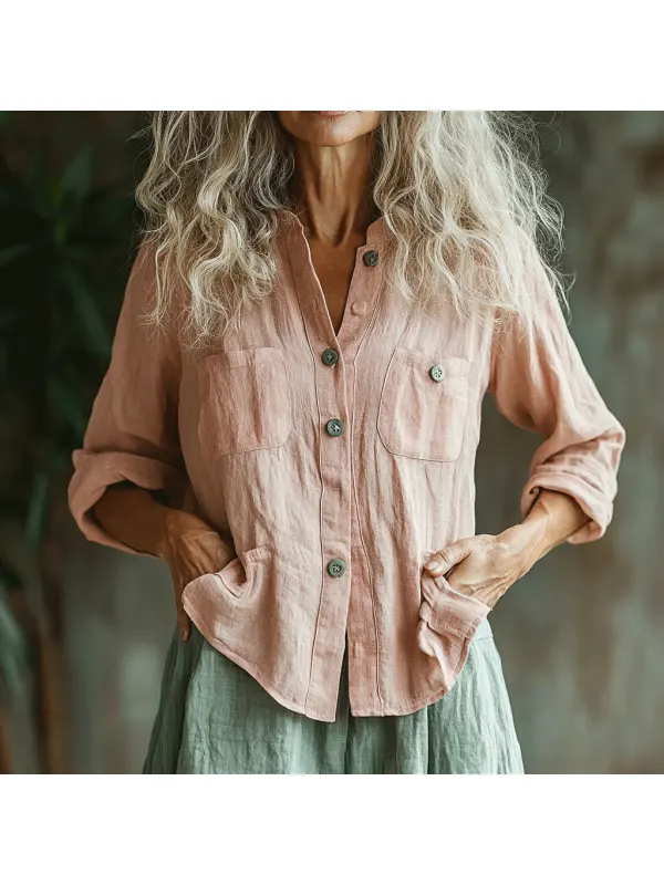 Women's Solid Color Casual Long-sleeved Linen Shirt - Aptkoi.com 