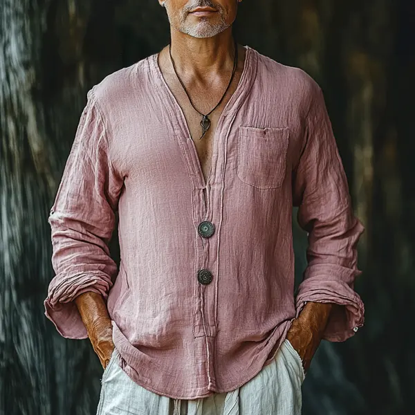 Men's V-neck Solid Color Long-sleeved Linen Shirt - Yiyistories.com 