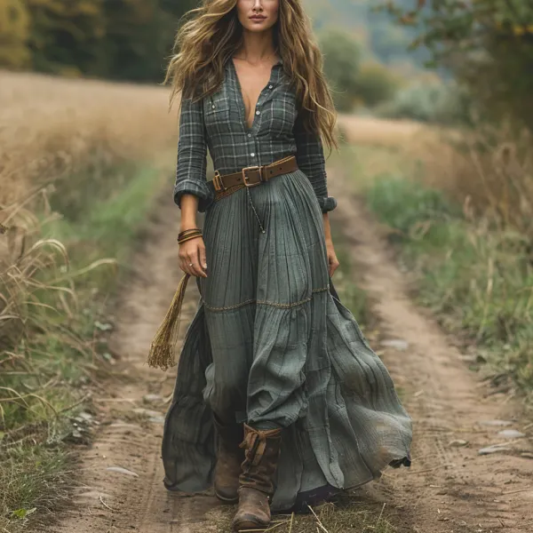Retro V-neck Plaid Women's Shirt Long-sleeved Long Skirt Pastoral Style Dress - Cotosen.com