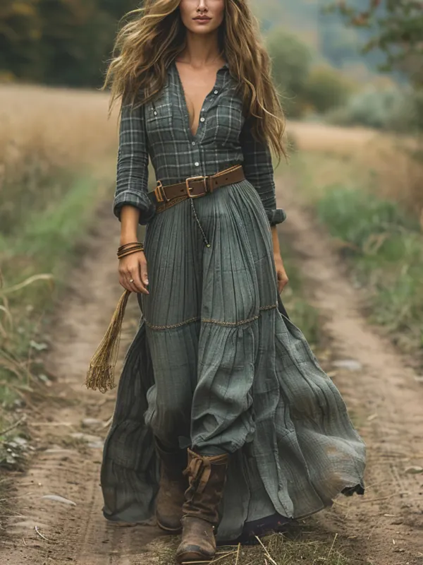 Women's Maxi Dress Retro V-neck Plaid Shirt Long-sleeved Long Skirt Pastoral Style Dress - Wantbright.com 