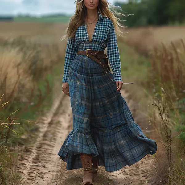 Retro V-neck Plaid Women's Long-sleeved Long Skirt Country Pastoral Retro Dress - Dozenlive.com 