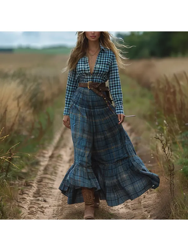 Retro V-neck Plaid Women's Long-sleeved Long Skirt Country Pastoral Retro Dress - Cominbuy.com 