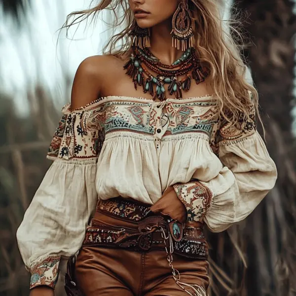 Women's Bohemian Gypsy Print Off Shoulder Shirt - Yiyistories.com 