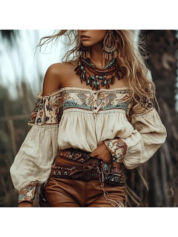 Women's Bohemian Gypsy Print Off Shoulder Shirt - Anrider.com 