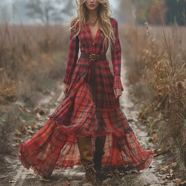 Retro V-neck Plaid Women's Long-sleeved Long Skirt Country Pastoral Retro Dress - Elementnice.com 