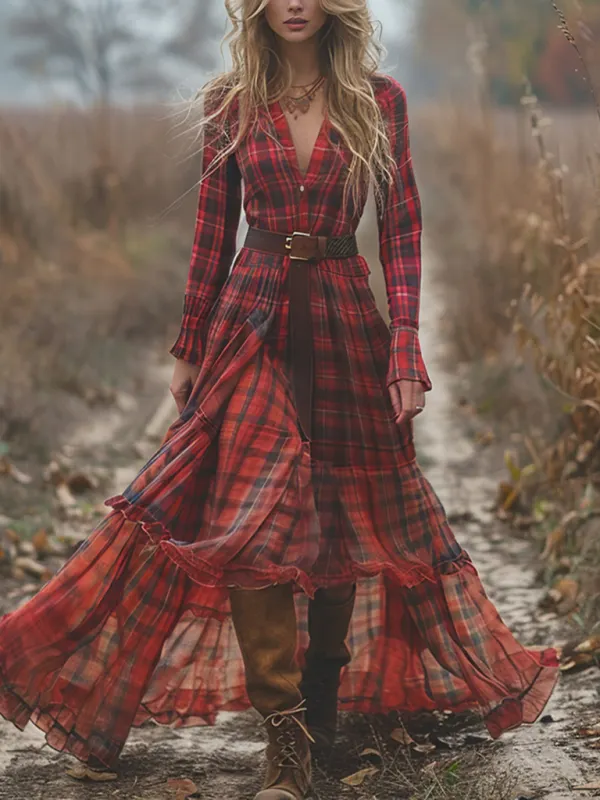 Retro V-neck Plaid Women's Long-sleeved Long Skirt Country Pastoral Retro Dress - Menwyx.com 