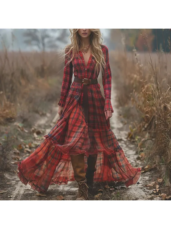 Retro V-neck Plaid Women's Long-sleeved Long Skirt Country Pastoral Retro Dress - Viewbena.com 