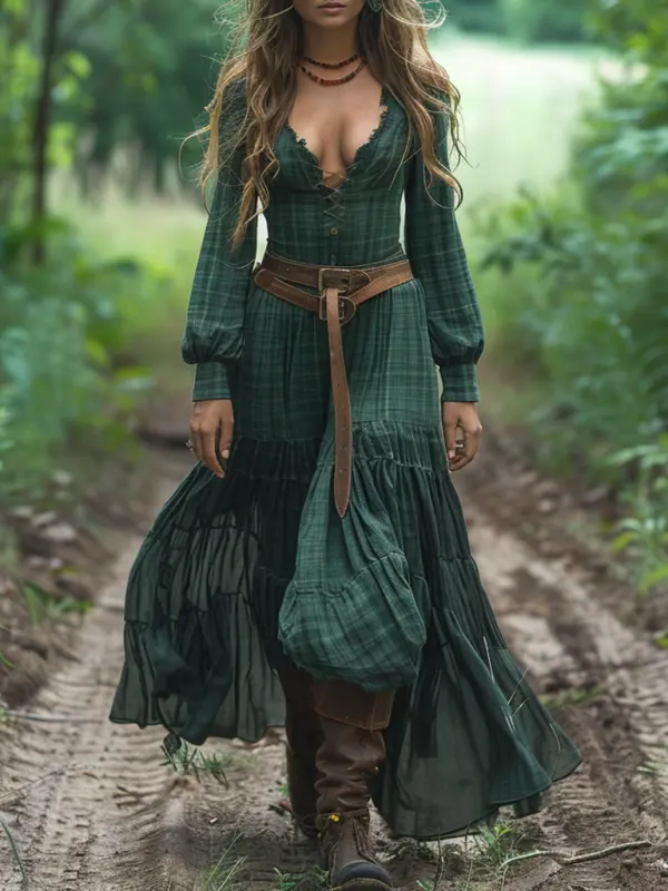Retro V-neck Plaid Women's Long-sleeved Long Skirt Country Pastoral Retro Dress - Wantbright.com 