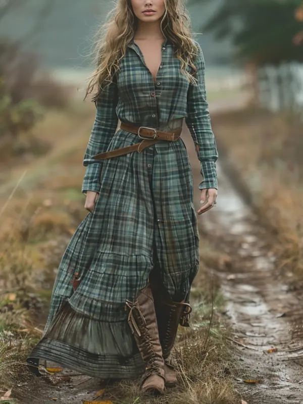 Retro V-neck Plaid Women's Long-sleeved Long Skirt Country Pastoral Retro Dress - Pragmaace.com 