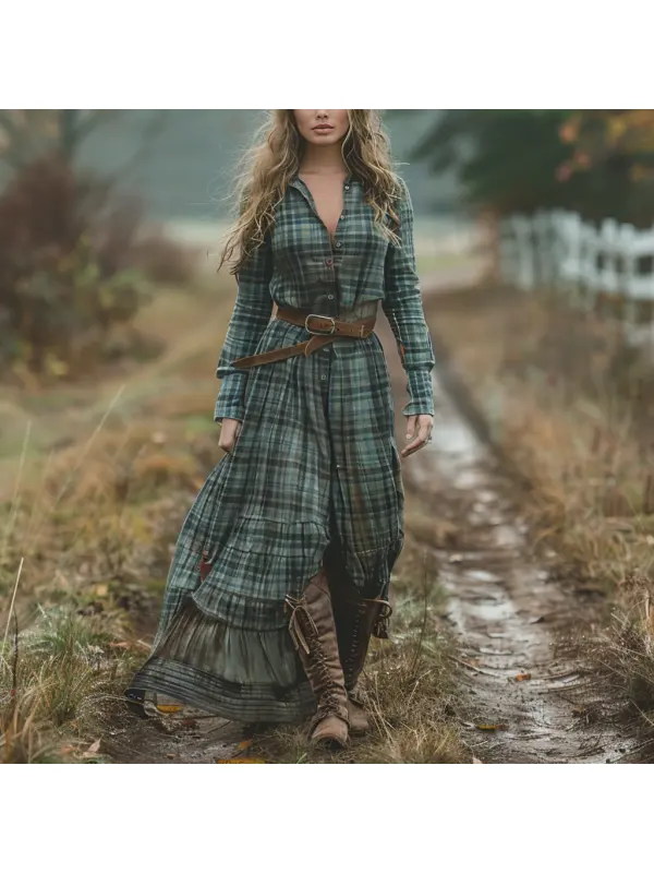 Retro V-neck Plaid Women's Long-sleeved Long Skirt Country Pastoral Retro Dress - Cominbuy.com 