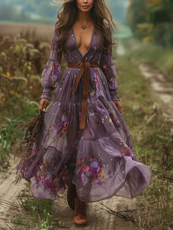 Women's Purple Boho Dress Retro Country Pastoral V-neck Floral Long-sleeved Dress - Wantbright.com 