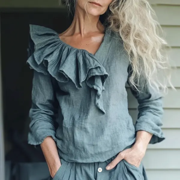 Women's Linen Asymmetric Ruffled 3/4 Sleeve Shirt - Yiyistories.com 