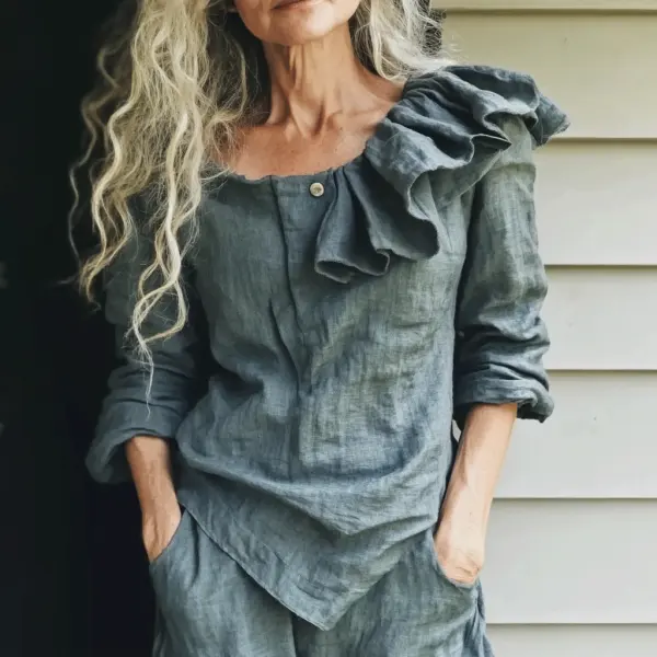 Women's Linen Asymmetric Ruffled Elbow Sleeve Shirt - Yiyistories.com 