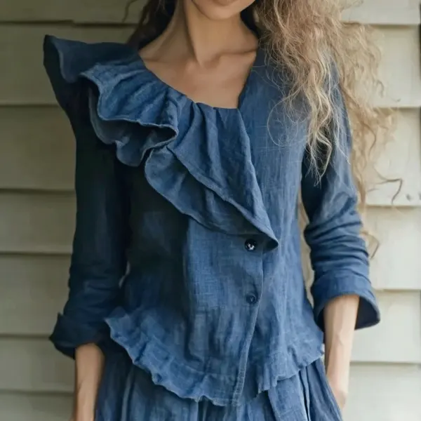 Women's Linen Asymmetric Ruffle Plain Shirt - Yiyistories.com 