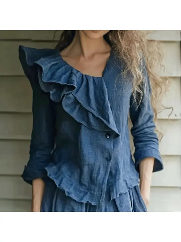 Women's Linen Asymmetric Ruffle Plain Shirt - Geocici.com 