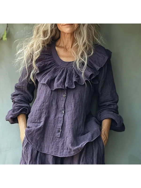 Women's Linen Ruffle Plain Shirt - Geocici.com 