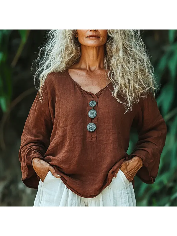 Women's Casual Linen Casual Long Sleeve Shirt - Anrider.com 