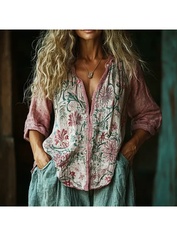 Women's Casual Linen Floral Print Long Sleeve Shirt - Cominbuy.com 